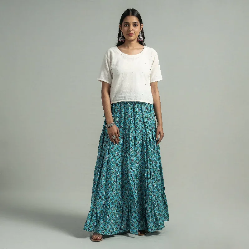 Blue - Sanganeri Block Printed Tiered Cotton Long Skirt