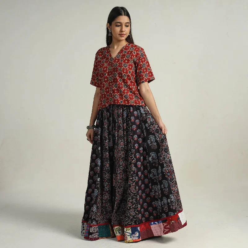 Black - Kutch Block Printed 24 Kali Cotton Long Skirt 30