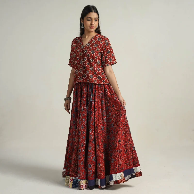 Red - Kutch Block Printed 24 Kali Cotton Long Skirt 32