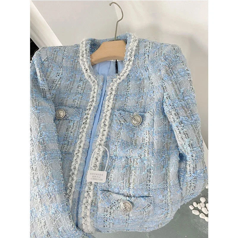 Autumn Blazer Women Small Fragrant Woven Tweed Gentle Elegant Short Qulited Plaid Jacket Office Lady Cardigan Tops Coat