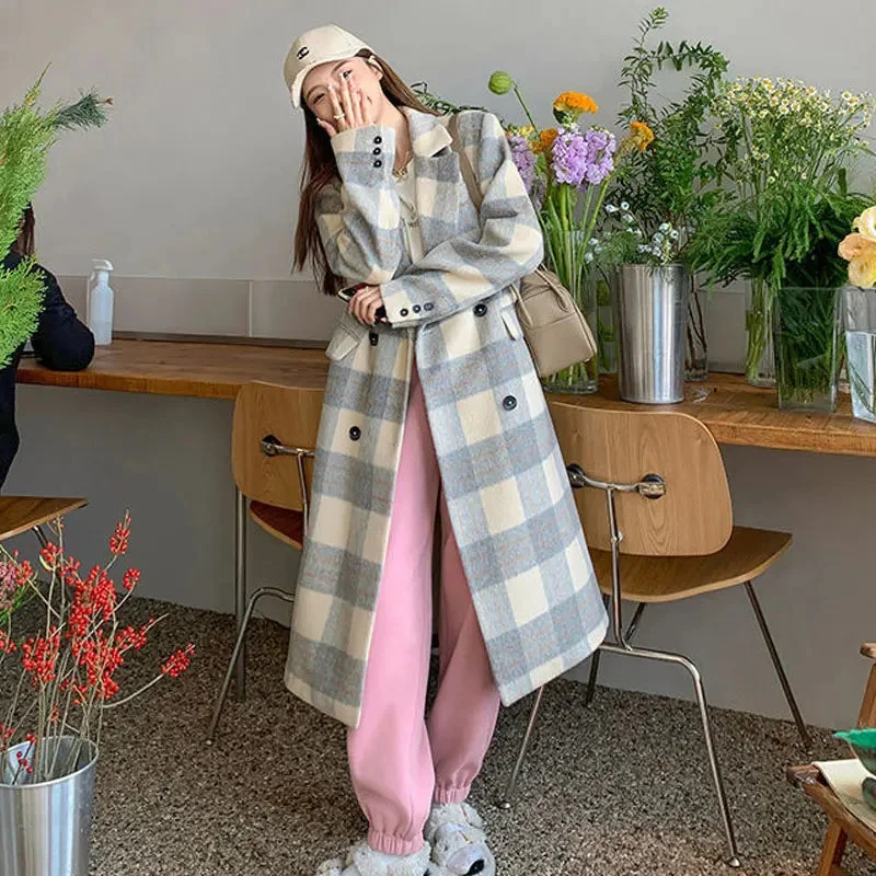 Korea Winter Plaid Woolen Overcoat Women Casual Sweet Long Coats Double Breasted Y2k Clothing Fashion Loose Trench Coats Jacket