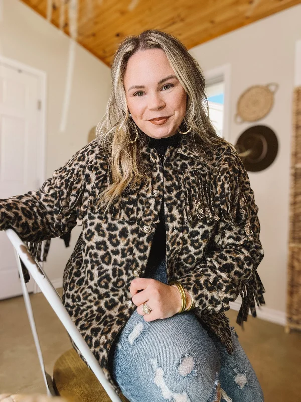 Take Over Leopard Print Button Up Jacket with Fringe in Brown