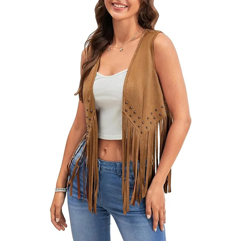 Women Fringe Vest Open Front Rivets Tassel Sleeveless Vest Coat Vintage Cowgirl Hippie Casual Jacket Outwear