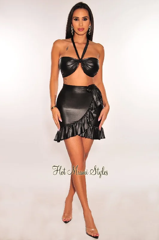 black-faux-leather-halter-ruffle-tie-up-skirt-two-piece-set