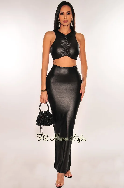 Black Faux Leather Ruched Sleeveless Double Slit Skirt Two Piece Set