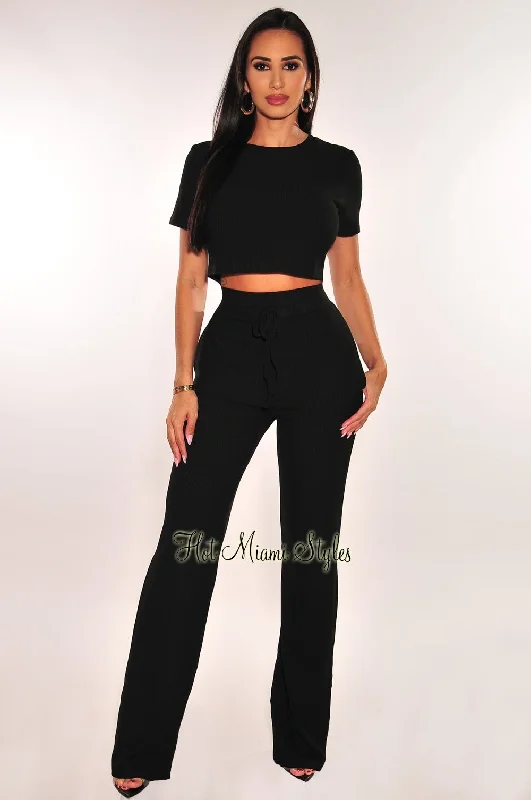 Black Ribbed Short Sleeve Wide Leg Pants Two Piece Set