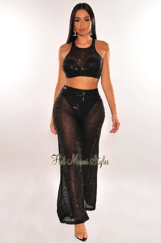 Black Sheer Sequins Halter Pants Two Piece Set