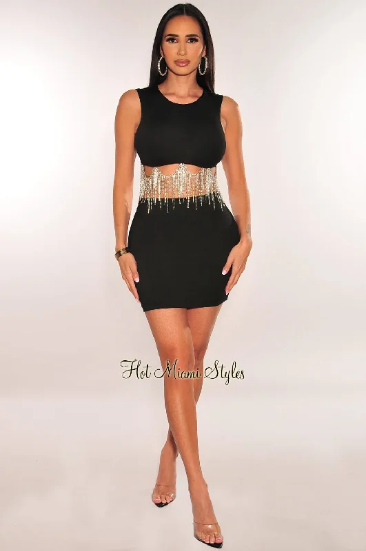 black-sleeveless-rhinestone-fringe-mini-skirt-two-piece-set