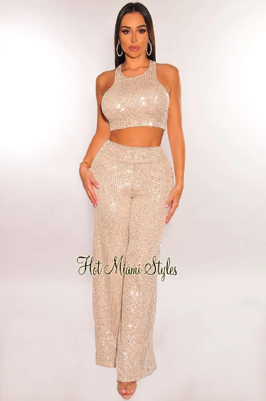 Champagne Sequins Halter Pants Two Piece Set