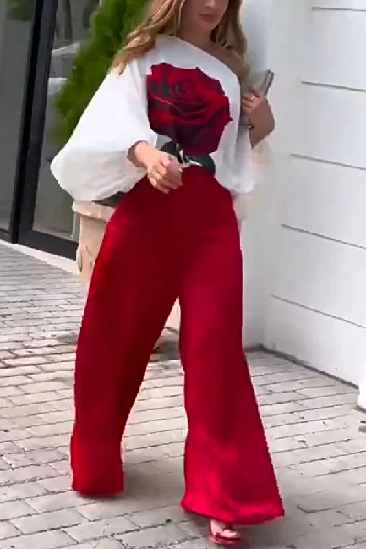 elegant-rose-print-long-sleeve-belted-wide-leg-trousers-suit