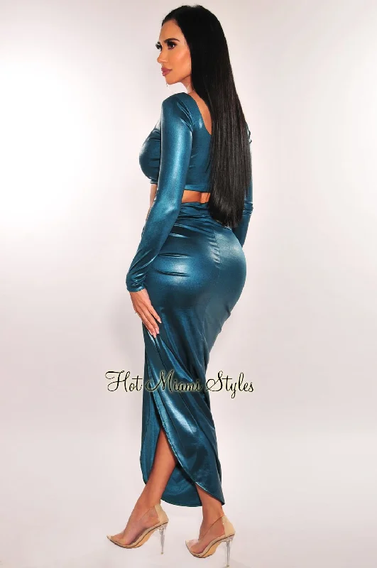 emerald-satin-faux-leather-long-sleeve-knotted-slit-skirt-two-piece-set