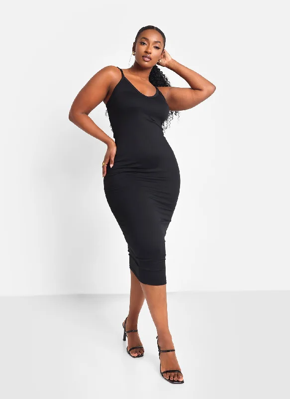 Essential V Neck Midi Bodycon Dress - Black