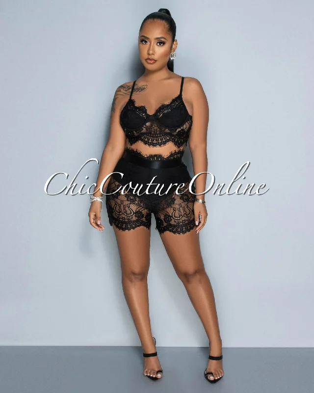 essien-black-lace-bustier-shorts-set