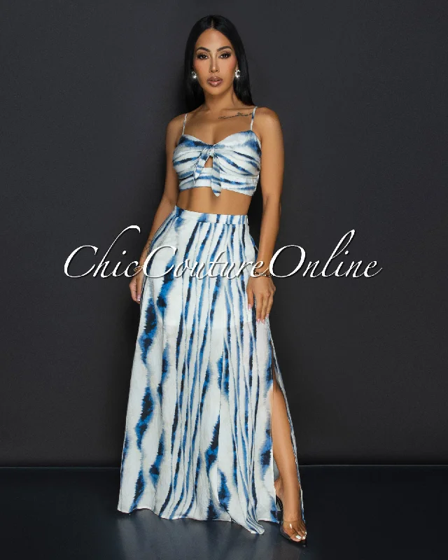 Fanaya Off White Blue Crop Top & Skirt Set