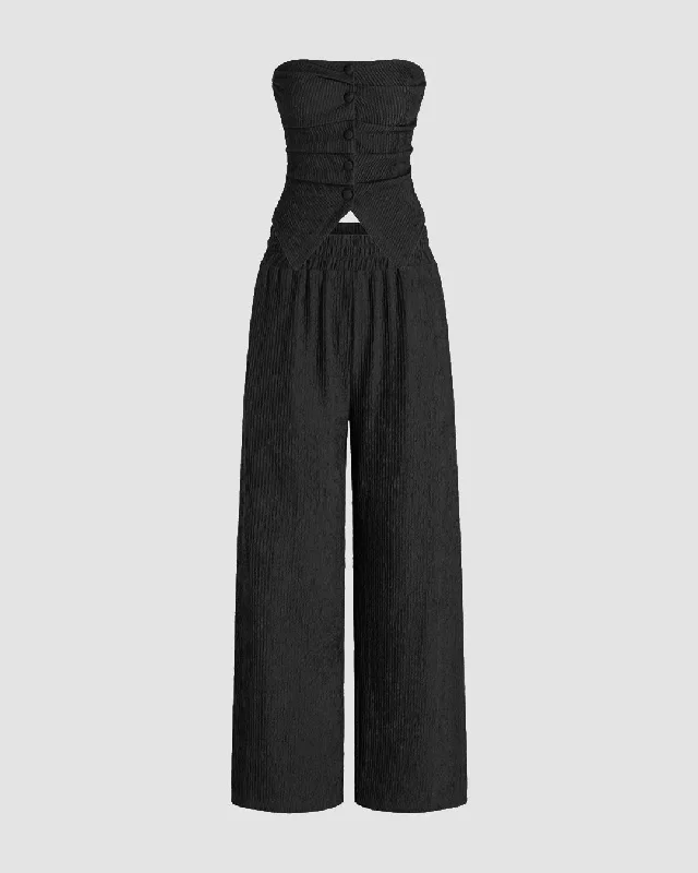 Front Button Tube Top & Wide Leg Pant In Black