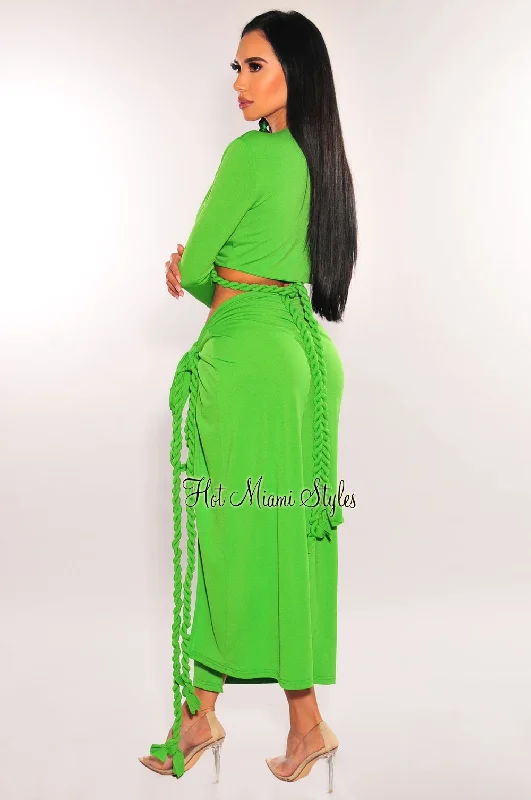 green-long-sleeve-wrap-around-twist-rope-skirt-two-piece-set