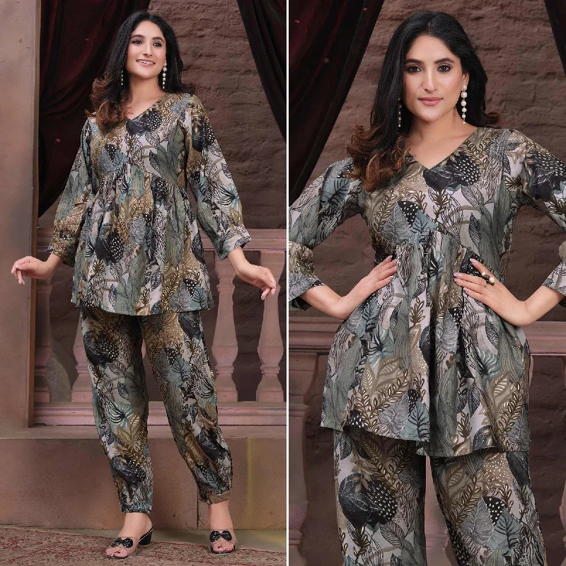 Grey Floral Printed Chanderi Co Ord Set