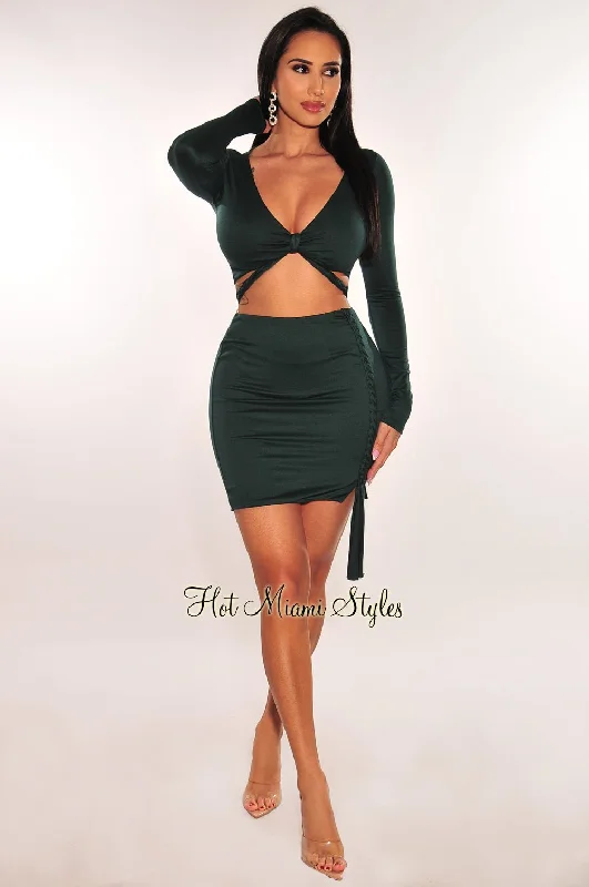 hunter-green-v-neck-long-sleeve-twist-rope-skirt-two-piece-set