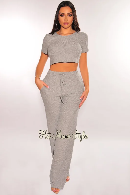 Light Gray Ribbed Short Sleeve Wide Leg Pants Two Piece Set