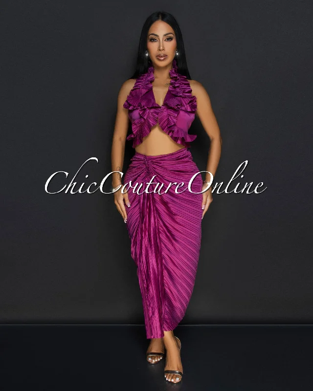 Mayana Magenta Pleated Halter & Skirt Set