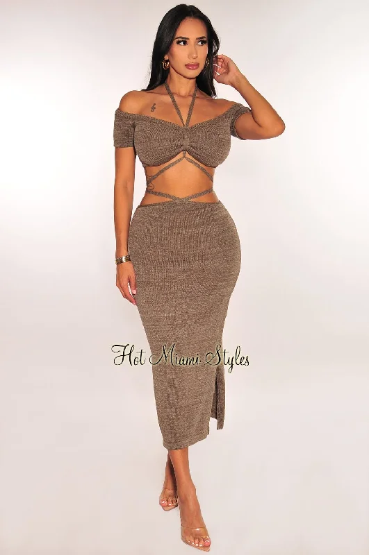 Olive Green Ribbed Knit Halter Off Shoulder Wrap Around Slit Skirt Two Piece Set