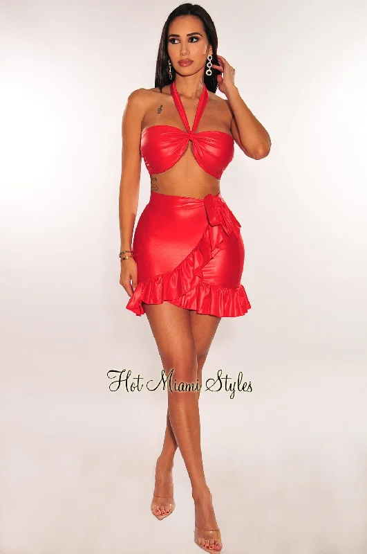 red-faux-leather-halter-ruffle-tie-up-skirt-two-piece-set