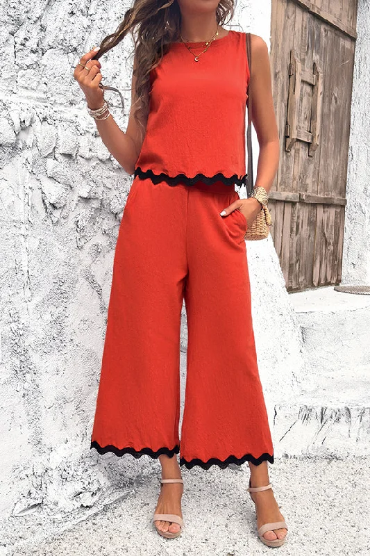 wave-trimmed-round-neck-buttoned-elastic-waist-pants-suit