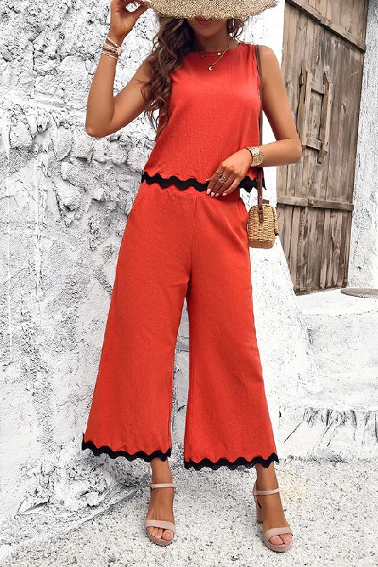 wave-trimmed-round-neck-buttoned-elastic-waist-pants-suit