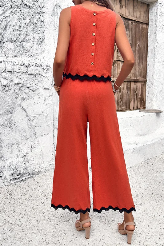 wave-trimmed-round-neck-buttoned-elastic-waist-pants-suit