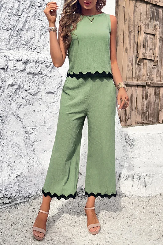 wave-trimmed-round-neck-buttoned-elastic-waist-pants-suit