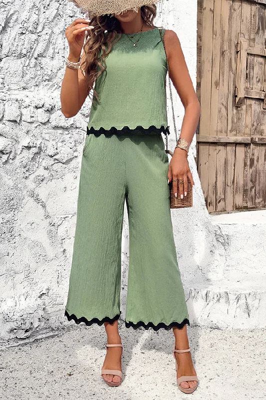 wave-trimmed-round-neck-buttoned-elastic-waist-pants-suit