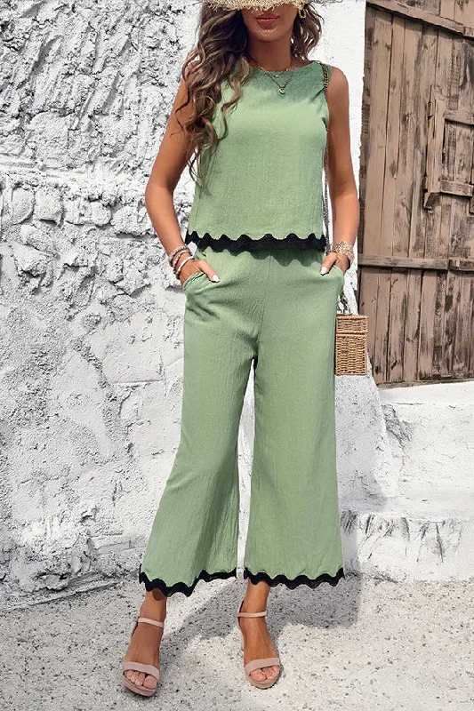 wave-trimmed-round-neck-buttoned-elastic-waist-pants-suit