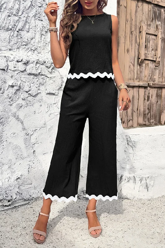 wave-trimmed-round-neck-buttoned-elastic-waist-pants-suit