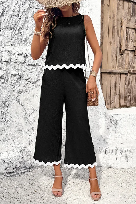 wave-trimmed-round-neck-buttoned-elastic-waist-pants-suit