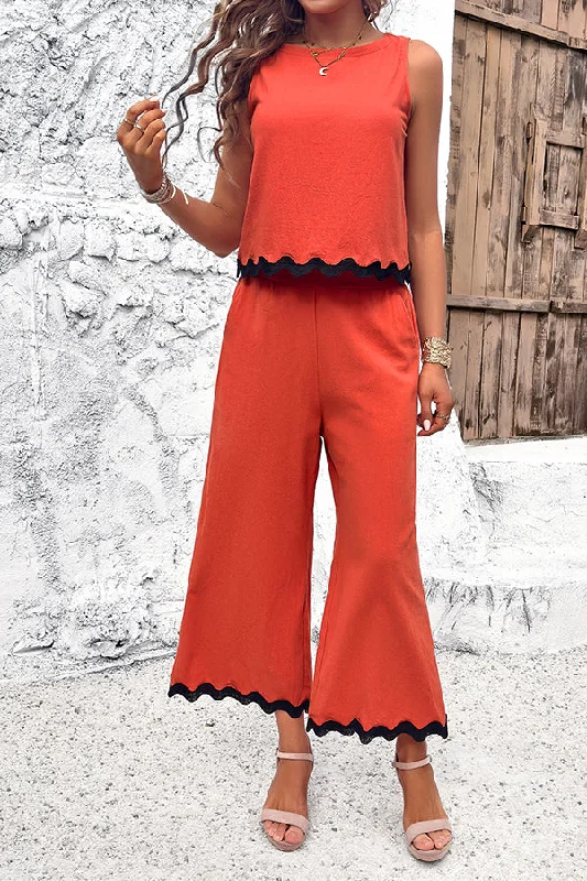 wave-trimmed-round-neck-buttoned-elastic-waist-pants-suit