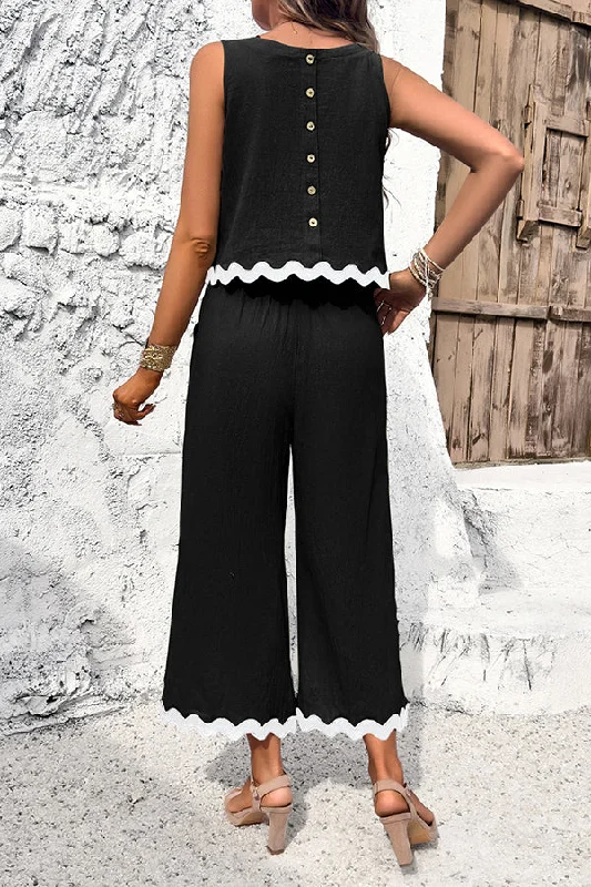 wave-trimmed-round-neck-buttoned-elastic-waist-pants-suit