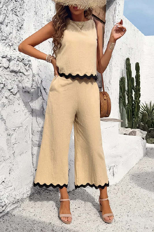 wave-trimmed-round-neck-buttoned-elastic-waist-pants-suit