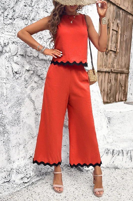 wave-trimmed-round-neck-buttoned-elastic-waist-pants-suit