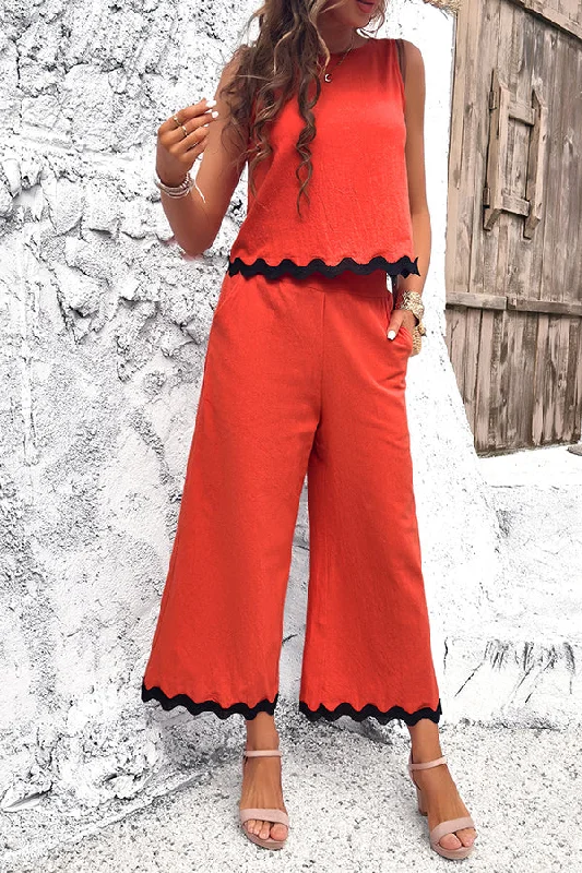 wave-trimmed-round-neck-buttoned-elastic-waist-pants-suit