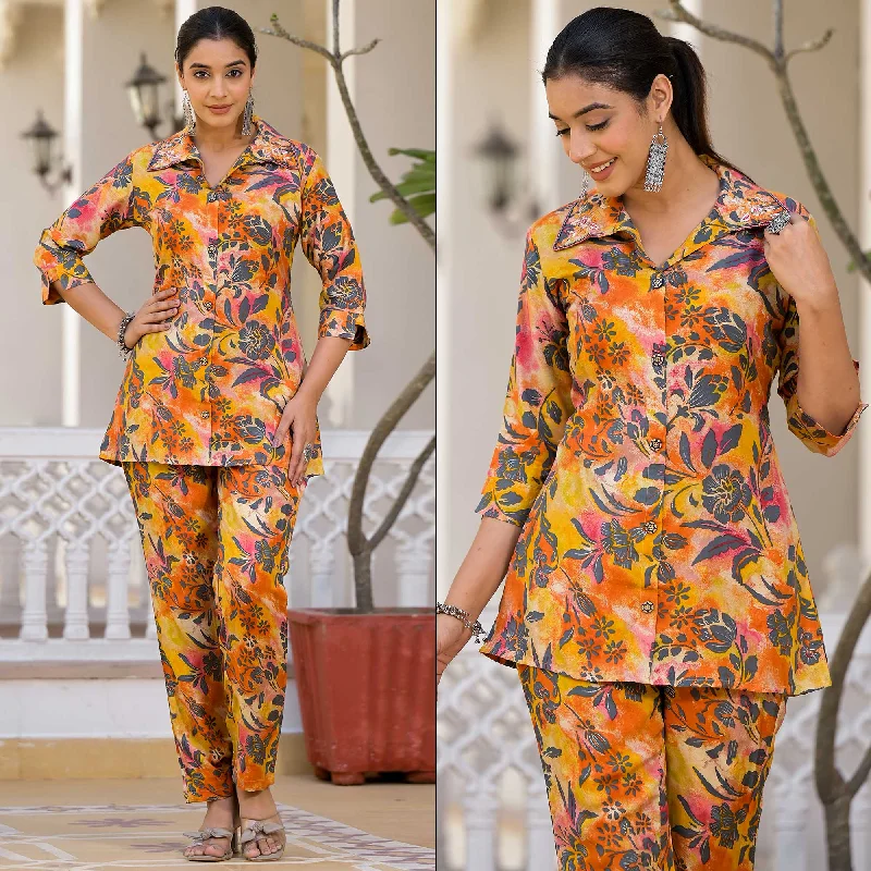 Yellow Floral Foil Printed Chanderi Silk Co Ord Set