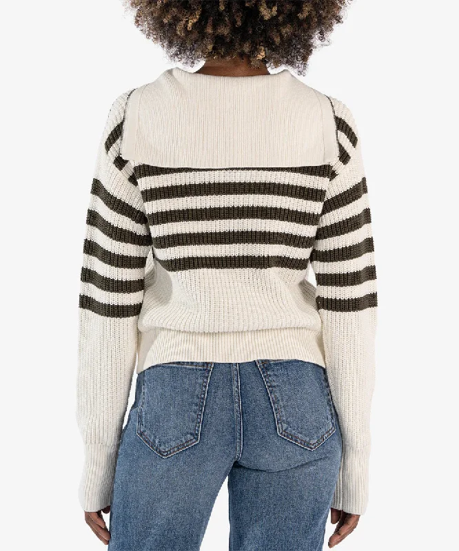 Noley Stripe Zip Front Sweater in Off White & Olive