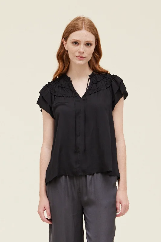 Ruffle Detail Sleeveless Satin Top in Black