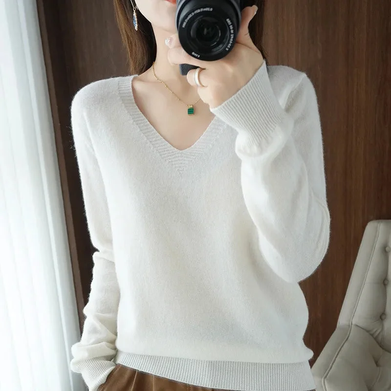 Women's Sweater 2023 Autumn Winter Knitted Pullovers V-neck Slim Fit Bottoming Shirt Solid Soft Knitwear Jumpers Basic Sweaters