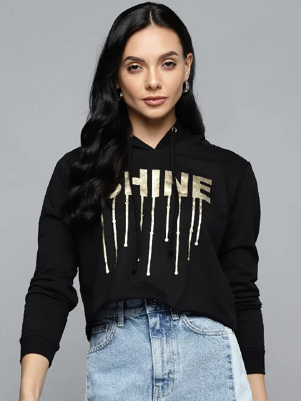 Black SHINE Foil Print Terry Crop Hoddie