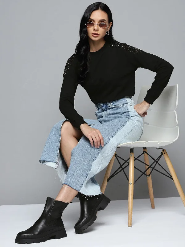 Black Shoulder Studded Terry Sweatshirt