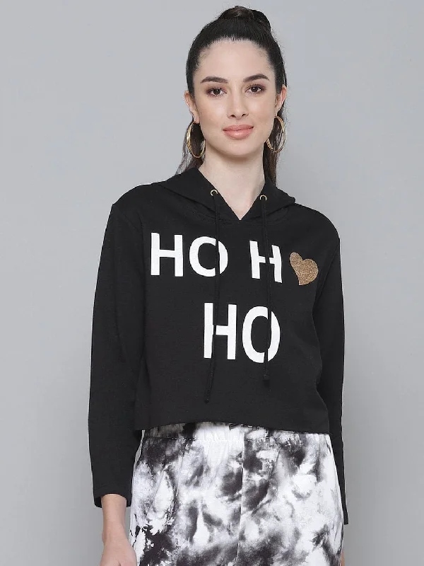 Black Terry HO HO Boxy Crop Hoodie