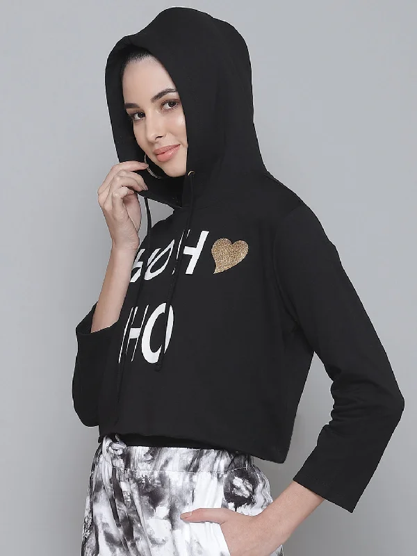 Black Terry HO HO Boxy Crop Hoodie