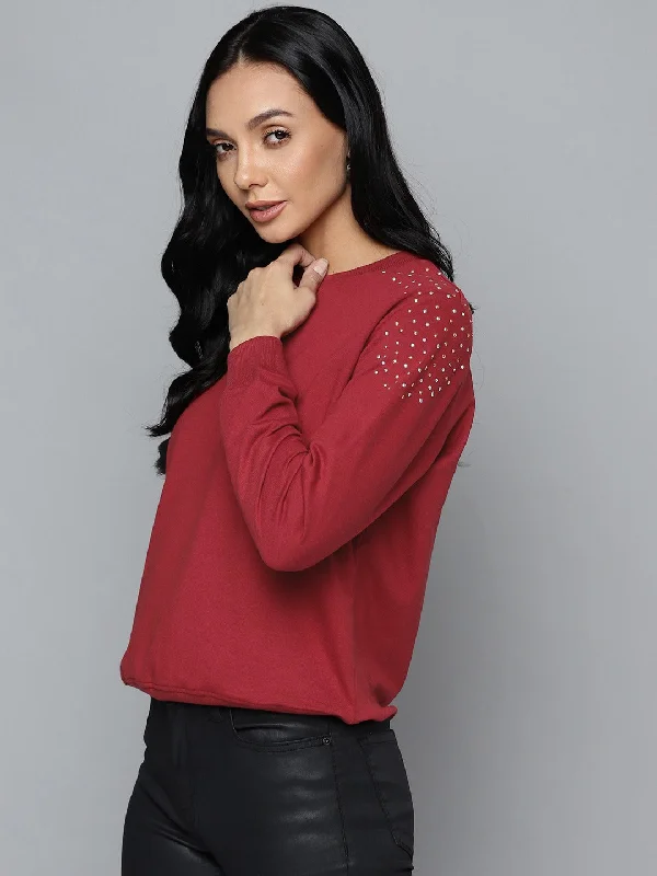 Maroon Shoulder Studded Terry Sweatshirt