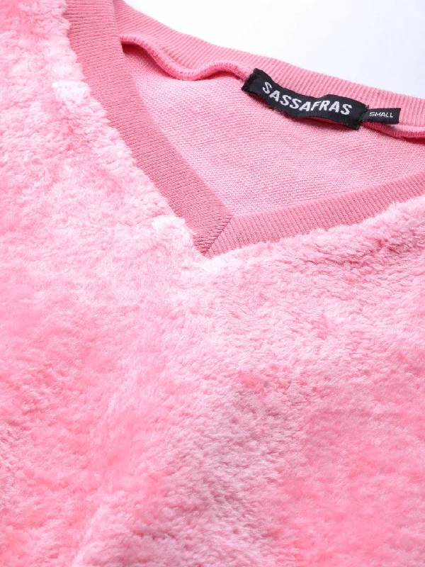 Pink V-Neck Faux Fur Crop Sweatshirt