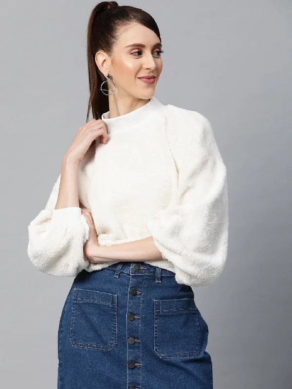 White Balloon Sleeve Faux Fur Sweatshirt